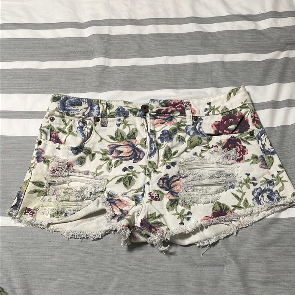 Forever 21 Cream Jean Shorts Floral Distressed